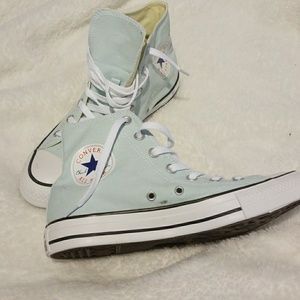 Light baby blue converse high top sneakers